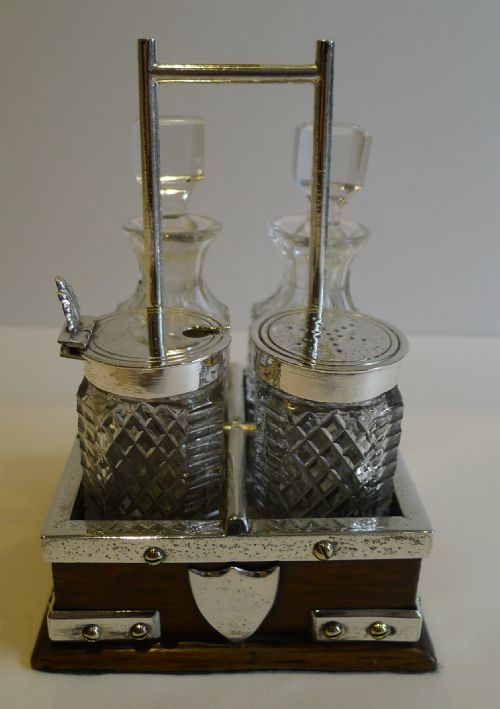 Charming Small Oak & Silver Plated Cruet Set by John Grinsell & Co.