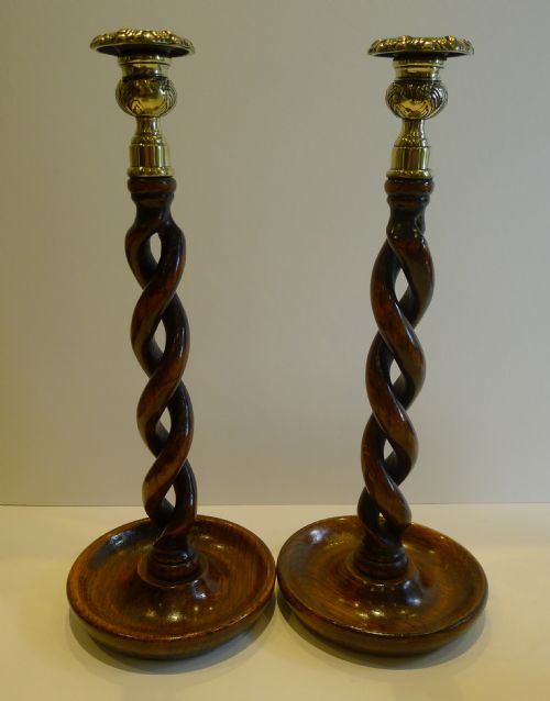 Tall Pair Antique English Oak Open Barley Twist Candlesticks - Brass Thistle Tops