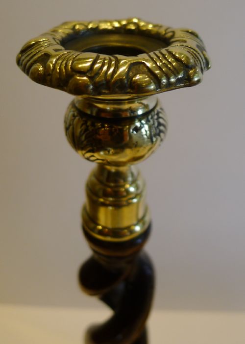 fig 1. Tall Pair Antique English Oak Open Barley Twist Candlesticks - Brass Thistle Tops