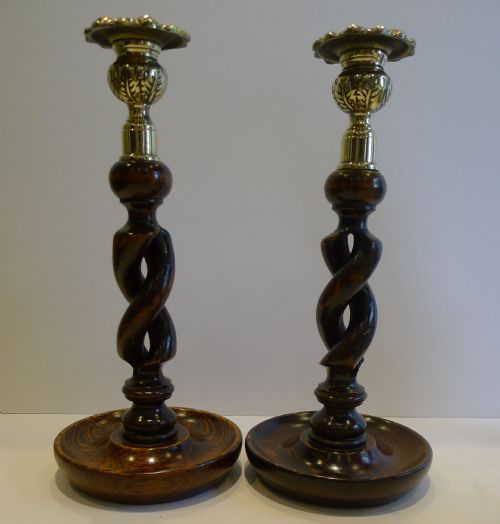 Pair Antique English 10" Oak Open Barley Twist Candlesticks - Brass Thistle Tops