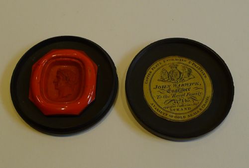 Antique English Turned Ebony Wood Seal Box with Seal C.1830