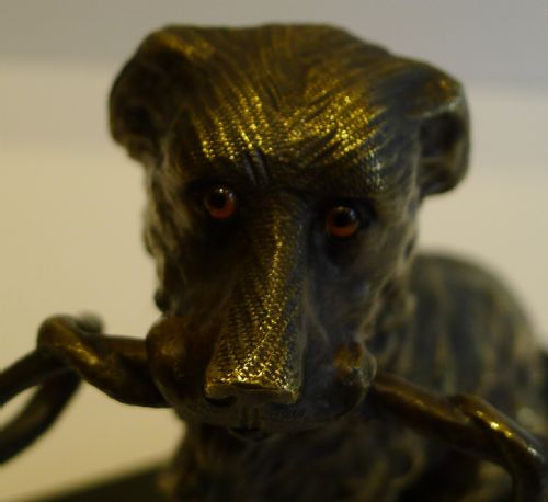 fig 1. Charming Antique English Figural Bronze Dog Inkwell - Glass Eyes, c.1880