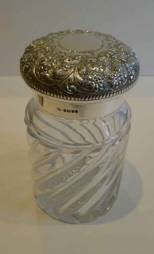 Antique English Crystal & Sterling Silver Tea Caddy or Cannister - 1888