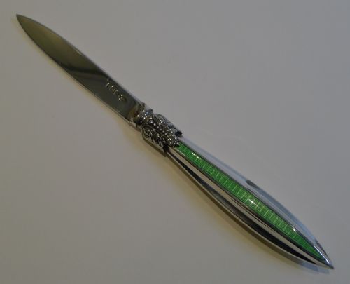 Antique English Sterling Silver & Green Guilloche Enamel Letter Opener