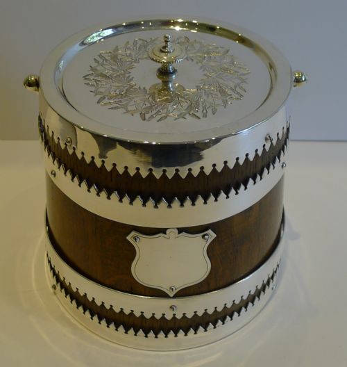 Unusual Antique English Oak & Silver Plate Biscuit Box / Barrel C.1890