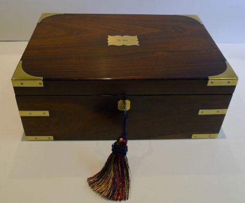 Antique English Brass Bound Rosewood Writing Slope / Lap Desk - Secret Drawers