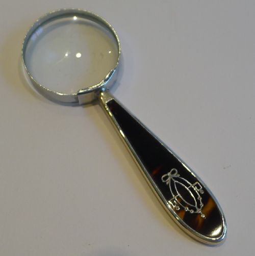 Small Antique English Sterling Silver & Tortoiseshell Handled Magnifying Glass - 1926