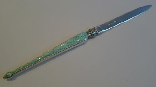 Antique English Sterling Silver & Mint Green Guilloche Enamel Letter Opener
