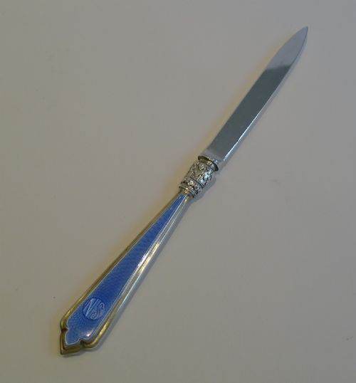 Handsome Antique English Silver & Blue Guilloche Enamel  Letter Opener - 1910