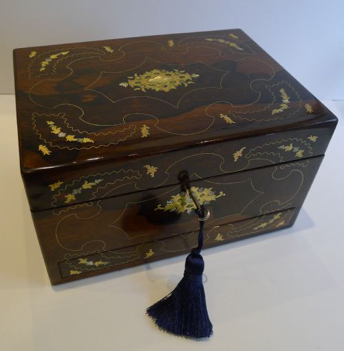 Spectacular Antique English Inlaid Rosewood Jewellery Box C.1850