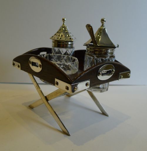 RARE ANTIQUE ENGLISH NOVELTY CRUET SET BUTLERS TRAY IN OAK SILVER PLATE C1885 - ADDITIONAL PHOTO 1