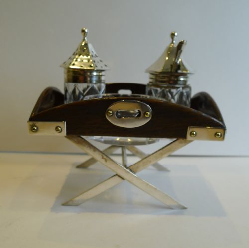 RARE ANTIQUE ENGLISH NOVELTY CRUET SET BUTLERS TRAY IN OAK SILVER PLATE C1885 - ADDITIONAL PHOTO 2