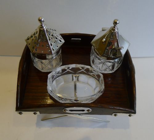 RARE ANTIQUE ENGLISH NOVELTY CRUET SET BUTLERS TRAY IN OAK SILVER PLATE C1885 - ADDITIONAL PHOTO 3