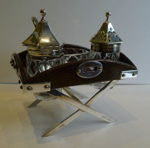 RARE ANTIQUE ENGLISH NOVELTY CRUET SET BUTLERS TRAY IN OAK SILVER PLATE C1885 - ADDITIONAL PHOTO 4