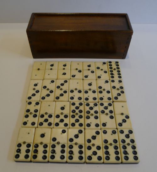 Antique English Boxed Set Bone & Ebony Wood Dominoes C.1890