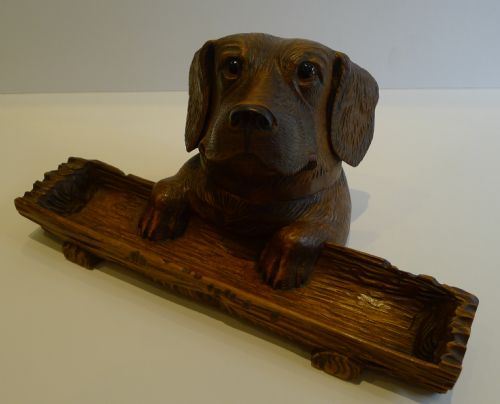 Magnificent Large Hand Carved Black Forest Dog Inkwell / Pen Tray C.1890