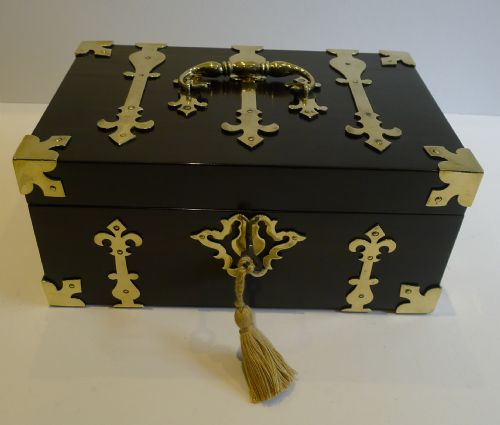 Antique English Macassar Ebony Jewelry Box - Brass Mounted Chest C.1850