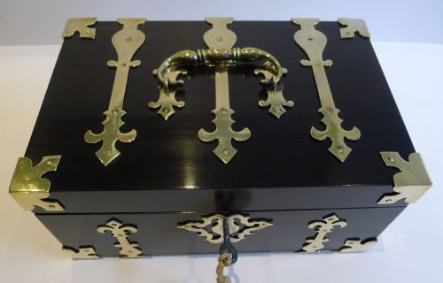 fig 1. Antique English Macassar Ebony Jewelry Box - Brass Mounted Chest c.1850
