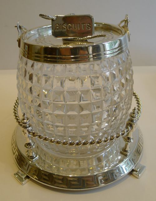 Superb Antique English Silver Plate & Cut Crystal Biscuit Box C.1890