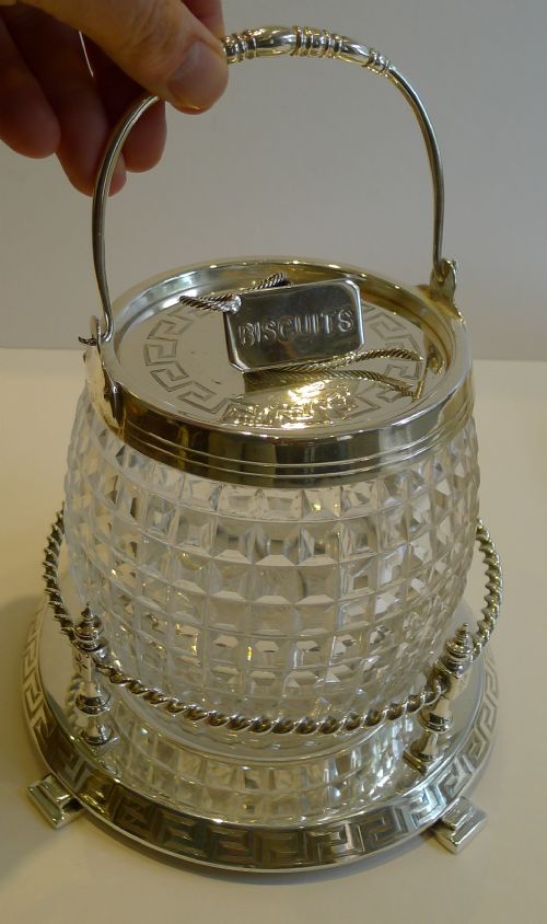 fig 1. Superb Antique English Silver Plate & Cut Crystal Biscuit Box c.1890