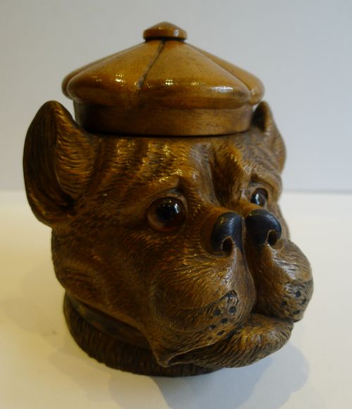 Handsome Antique Black Forest Figural Inkwell - Dog - Original Glass Eyes C.1890