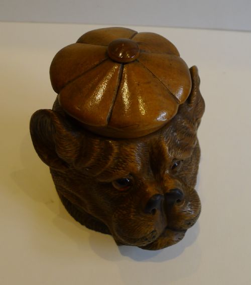 fig 1. Handsome Antique Black Forest Figural Inkwell - Dog - Original Glass Eyes c.1890