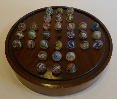 Top Quality Antique English Victorian Solitaire Board with 32 Victorian Marbles