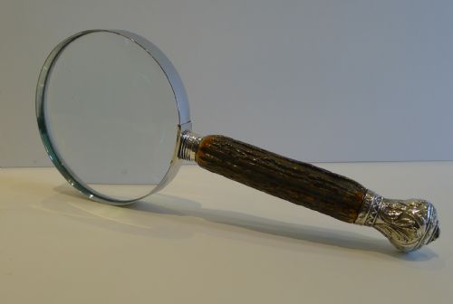 Grand Antique English Antler Horn & Sterling Silver Magnifying Glass - 1901