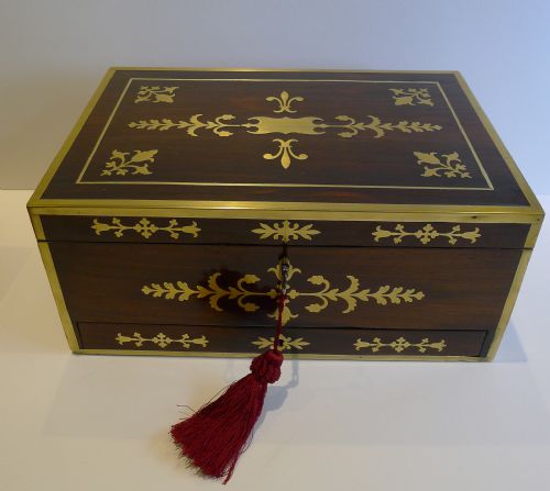 Grand Antique English Cut Brass Inlaid Rosewood Jewellery / Desk Box C.1820