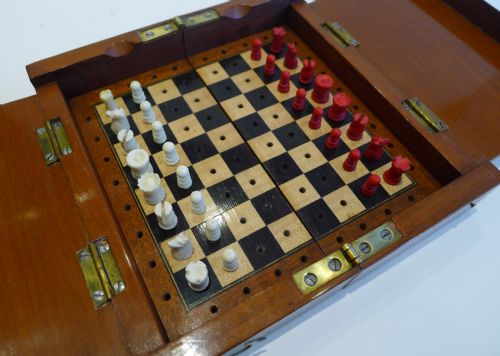 Antique English Mahogany Cased Travel Chess Set C.1900