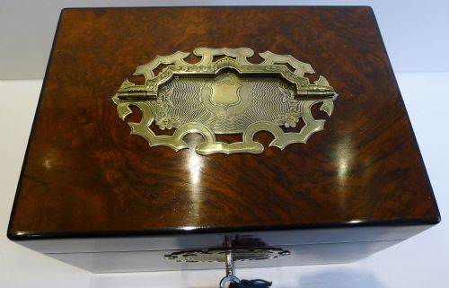 fig 1. Stunning Antique English Burl Walnut, Coromandel & Brass Tea Caddy c.1860