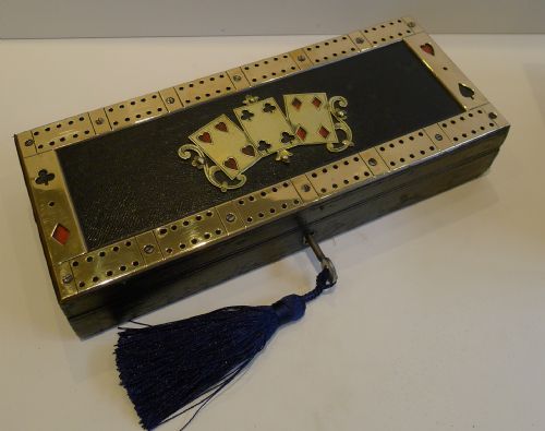 English Victorian Leather & Brass Card Box / Cribbage Board C.1880