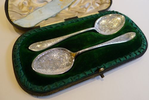 Pair Antique English Sterling Silver Jam / Preserve Spoons - 1897