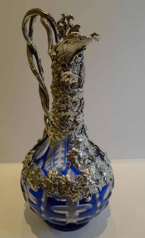 Magnificent Antique English Blue Overlay & Silver Plated Claret Jug C.1880