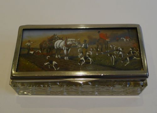 Antique English Cut Crystal Triple Postage Stamp Box - Hunt Scene C.1910