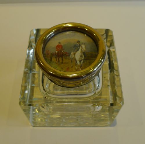 Large Antique, English Cut Crystal Inkwell - Hunt Scene Top C. 1910