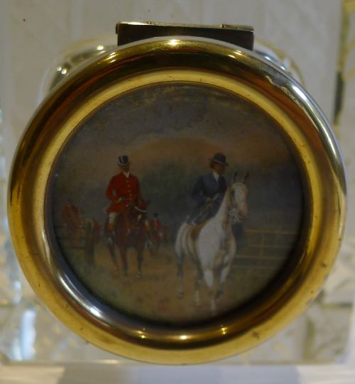 fig 1. Large Antique, English Cut Crystal Inkwell - Hunt Scene Top c. 1910