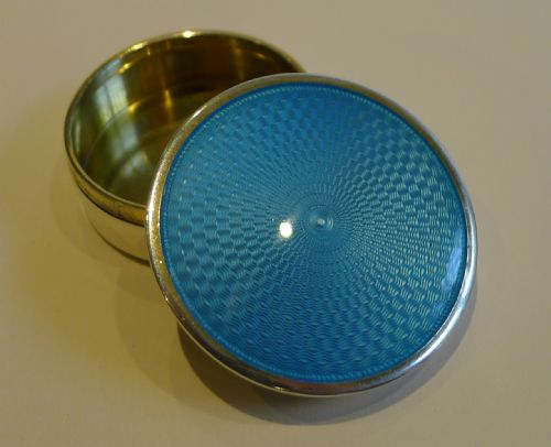 Stunning English Sterling Silver & Blue Guilloche Enamel Pill Box