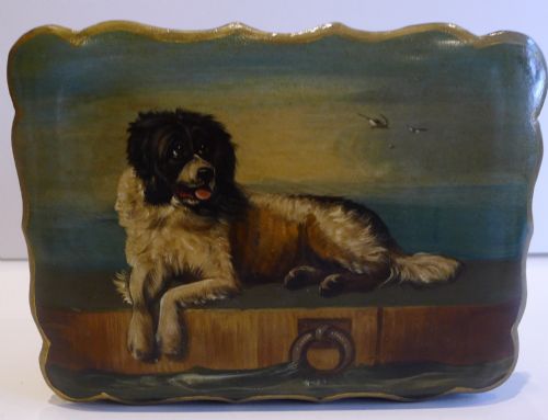 Stunning Antique English Hand Painted Playing Card Box - Dog, After Sir Edwin Henry Landseer