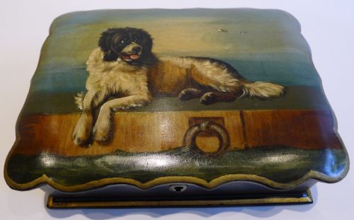 fig 1. Stunning Antique English Hand Painted Playing Card Box - Dog, After Sir Edwin Henry Landseer