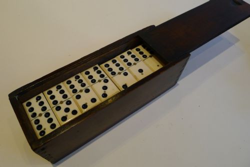 Antique English Boxed Set Bone & Ebony Wood Dominoes C.1890