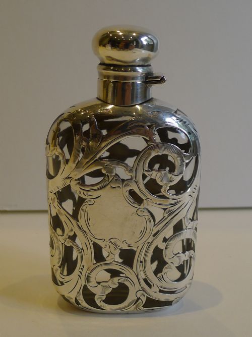 Unusual Antique Sterling Silver Overlaid Hip / Liquor Flask C.1900