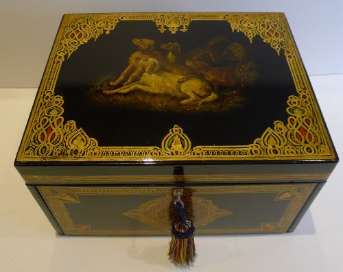 Rare & Magnificent Antique English Painted Papier Mache Games Box - Dogs C.1850