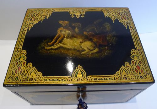 fig 1. Rare & Magnificent Antique English Painted Papier Mache Games Box - Dogs c.1850