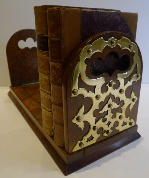 Antique English Burl Walnut Expanding Book Slide - Brass Mounted C.1860