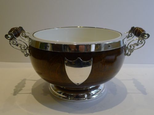 fig 1. Antique English Oak & Silver Plate Salad Bowl & Servers c.1900