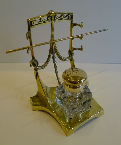 Stylish Antique English Brass Inkstand / Inkwell - 1910