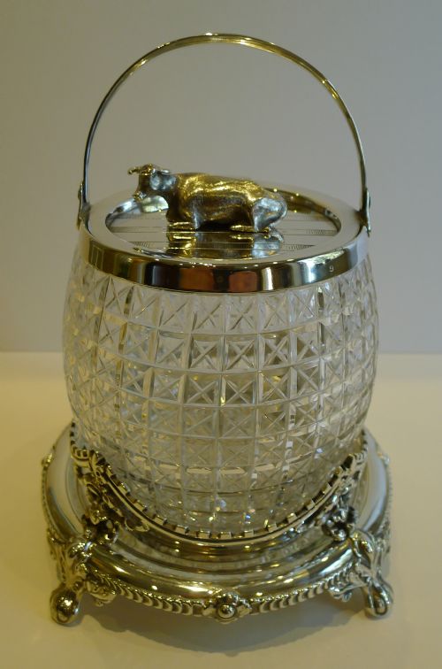 Magnificent Antique English Figural Biscuit Box in Stand C.1880 - Cow