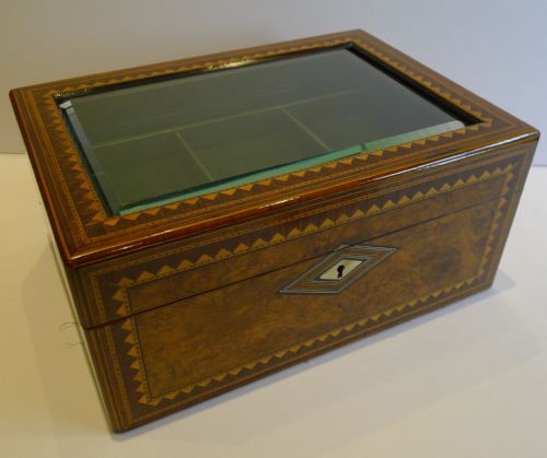 Magnificent Large Antique Burl Walnut & Parquetry Jewellery Box