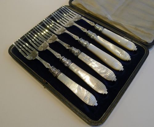 Antique English Sterling Silver & Mother of Pearl Cake or Desert Forks - 1892